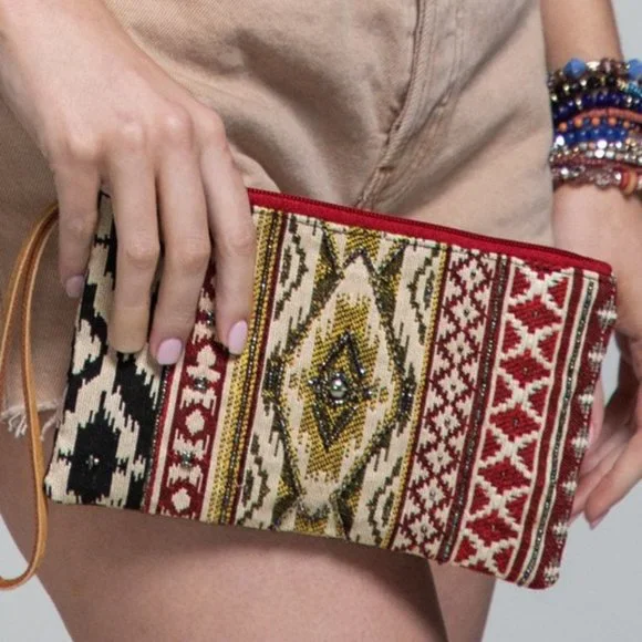 Handmade Hand Beaded Wristlet Clutch - Ethnic Inspired Design - Dyed Fine Cotton - Picture 1 of 7